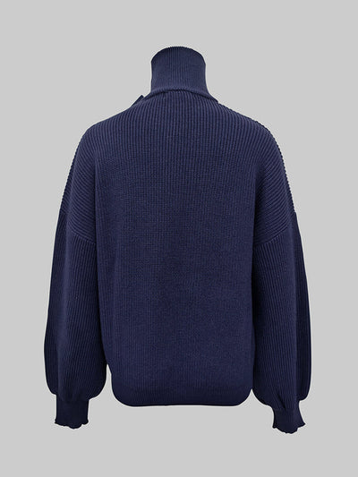 Loose Puff Sleeves Bowknot Solid Color Split-Joint High Neck Sweater Tops