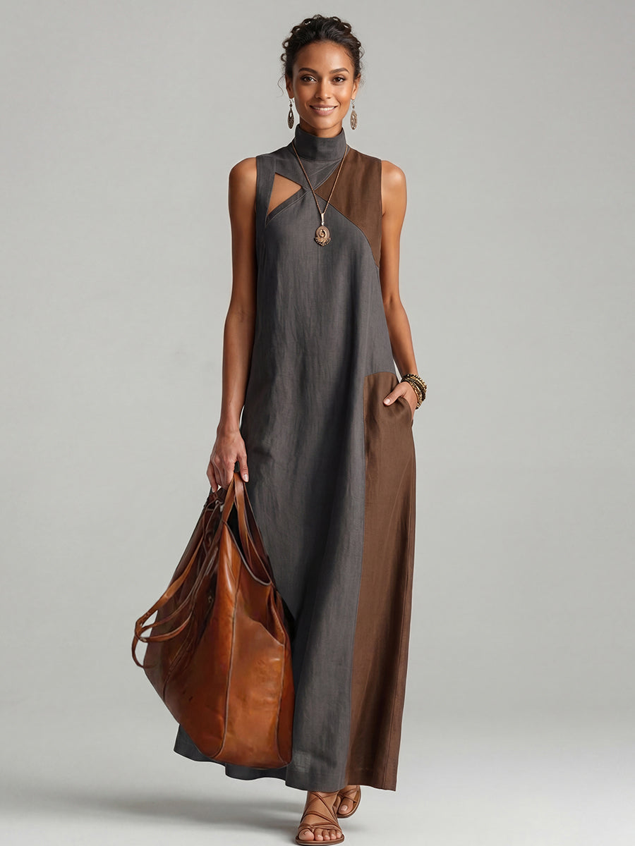 Loose Sleeveless Asymmetric Contrast Color Pockets Split-Joint Mock Neck Maxi Dresses