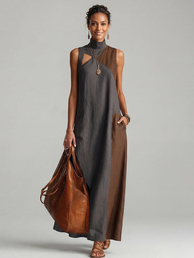 Loose Sleeveless Asymmetric Contrast Color Pockets Split-Joint Mock Neck Maxi Dresses