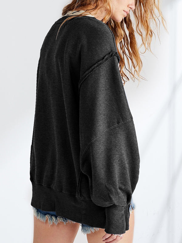 Long Sleeves Loose Fringed Solid Color Split-Joint Split-Side Round-Neck Sweatershirt