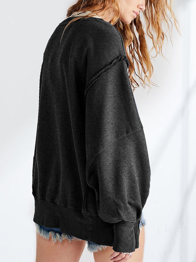 Long Sleeves Loose Fringed Solid Color Split-Joint Split-Side Round-Neck Sweatershirt