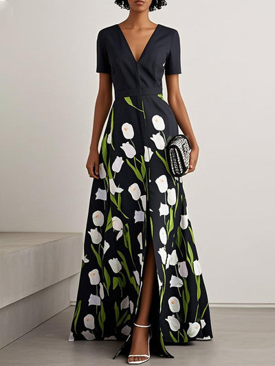 A-Line High Waisted Flower Print Split-Front V-Neck Maxi Dresses