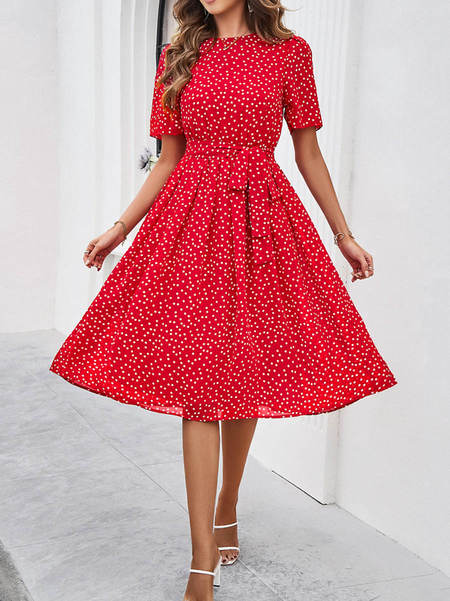 A-Line Elasticated Waist Contrast Color Polka Dot Split-Joint Tied Waist Round-Neck Midi Dresses