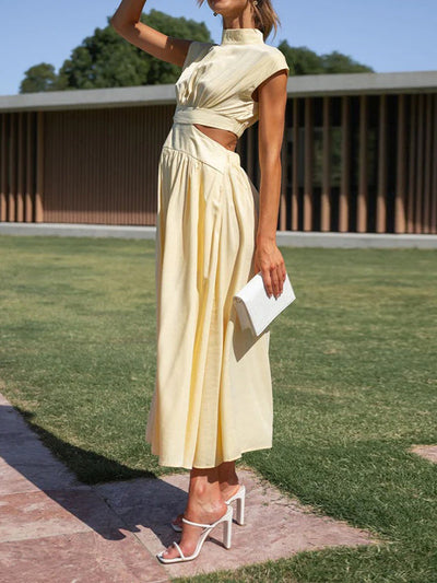 Cap Sleeve Belly-Hollow Pleated Solid Color Stand Collar Maxi Dresses