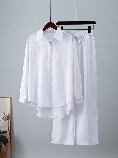 Solid Color High-Low Long Sleeves Lapel Blouses + Drawstring Pants Two Pieces Set