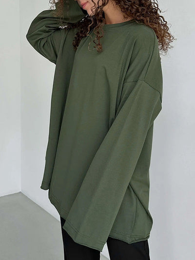 Long Sleeves Loose Solid Color Round-Neck T-Shirts Tops