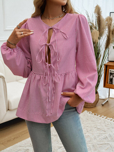 Long Sleeves Loose Elasticity Pleated Striped Tied Round-Neck Blouses&Shirts Tops