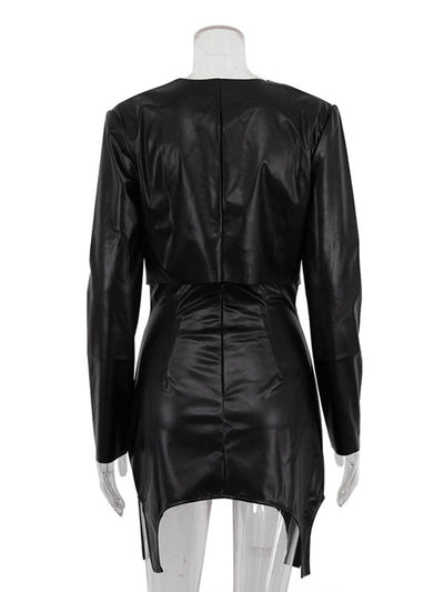 Solid Color Split-Joint Round-Neck T-Shirt Top + Zipper Bodycon High Waisted Skirts Bottom Two Pieces Set