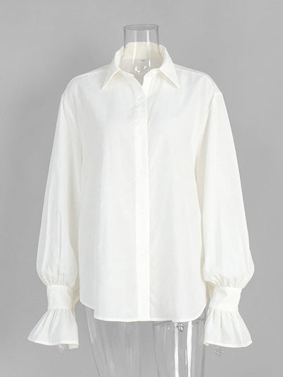 Loose Puff Sleeves Pleated Solid Color Split-Joint Lapel Blouses&Shirts Tops