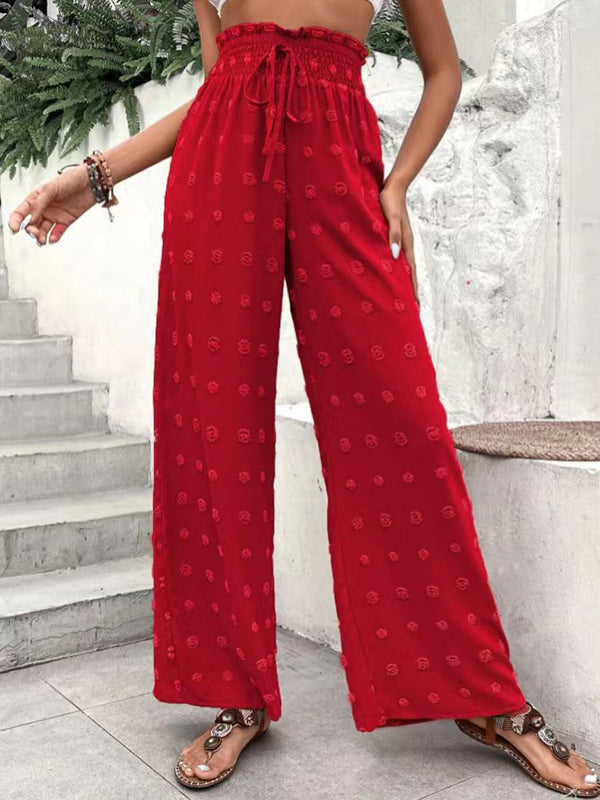 High Waisted Loose Drawstring Elasticity Jacquard Solid Color Pants Trousers