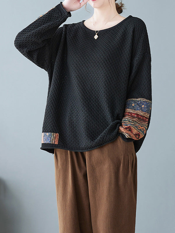 Long Sleeves Loose Printed Split-Joint Round-Neck Pullovers Sweater Tops