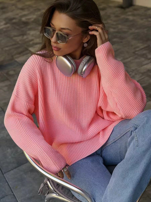 Long Sleeves Loose Solid Color Split-Joint Round-Neck Sweater Tops