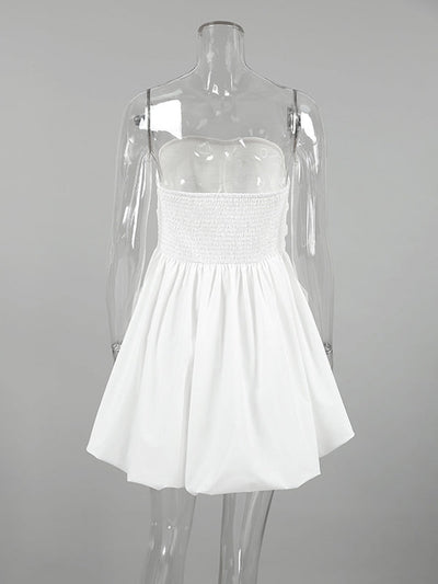 A-Line High Waisted Elasticity Pleated Pockets Solid Color Tube Mini Dresses