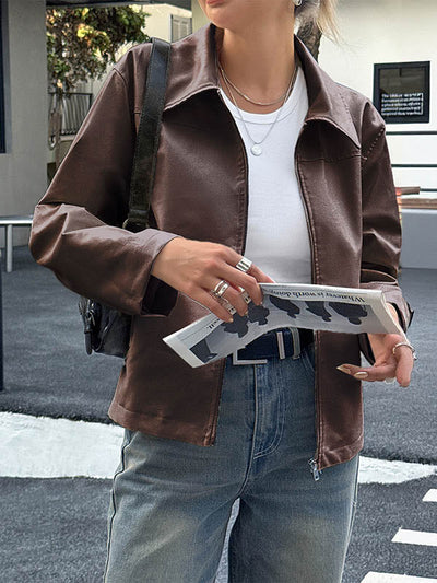 Long Sleeves Pockets Solid Color Zipper Lapel Jackets Overcoat