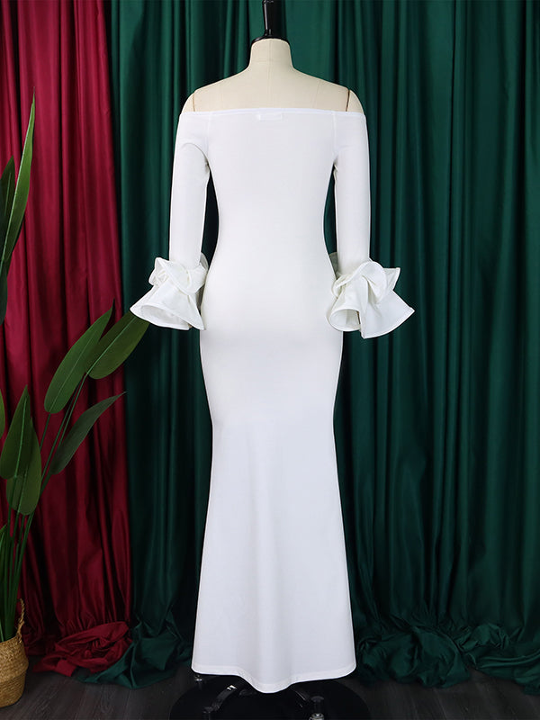 Bodycon Flared Sleeves Falbala Solid Color Split-side Off-the-shoulder Maxi Dresses