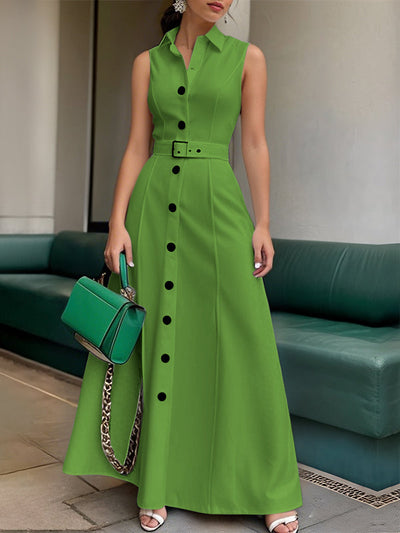 A-Line High Waisted Belted Buttoned Solid Color Lapel Maxi Dresses