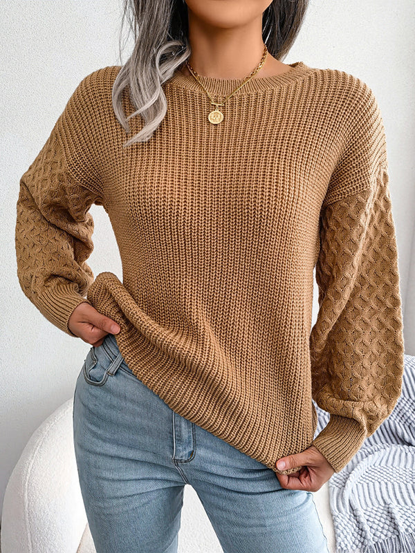 Long Sleeves Loose Cable Knit Solid Color Round-Neck Sweater Tops