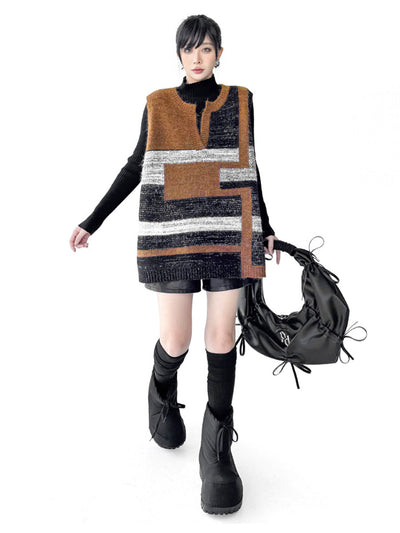 Loose Sleeveless Contrast Color Geometric Split-Joint Striped V-Neck Outerwear Vest Top