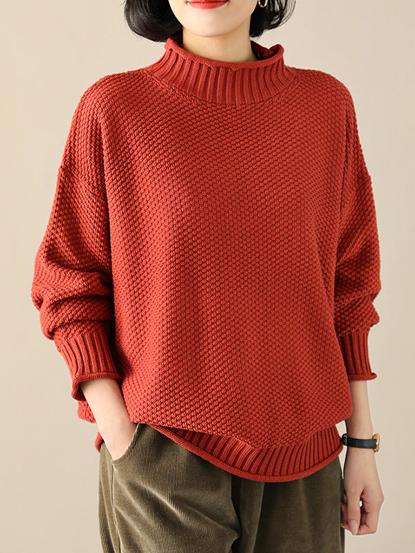 Casual Loose Long Sleeves Solid Color High-Neck Sweater Tops