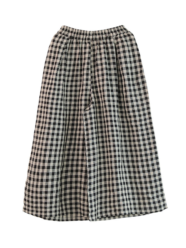 Artistic Retro Linen Loose Wide Legs Plaid Drawstring Pants