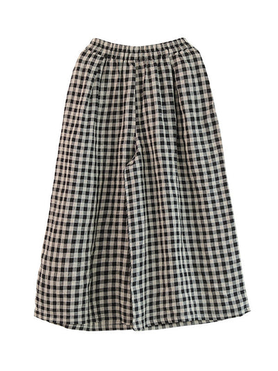 Artistic Retro Linen Loose Wide Legs Plaid Drawstring Pants