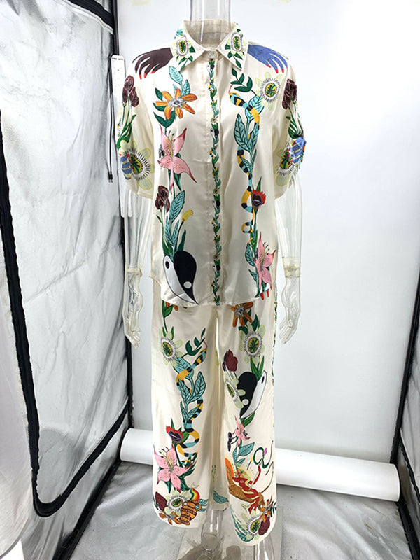 Half Sleeves Loose Buttoned Flower Print Pockets Lapel T-Shirt Top + Drawstring Elasticity Pants Bottom Two Pieces Set