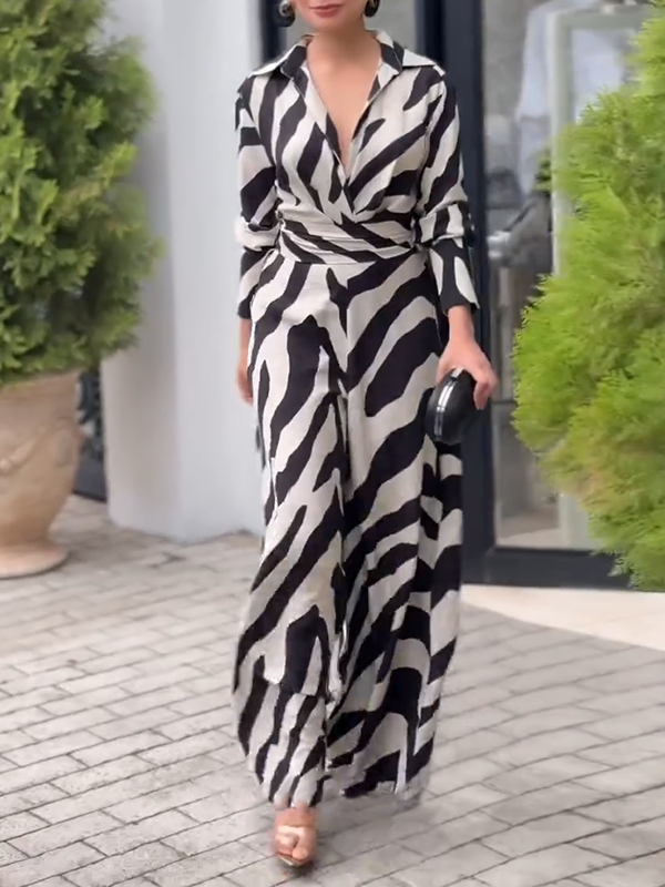 Long Sleeves Wide Leg Split-Joint Tied Waist Zebra Printed Lapel Jumpsuits