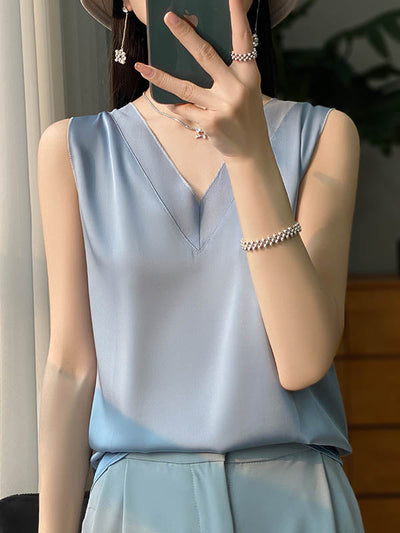 Loose Sleeveless Solid Color V-Neck Vest Top
