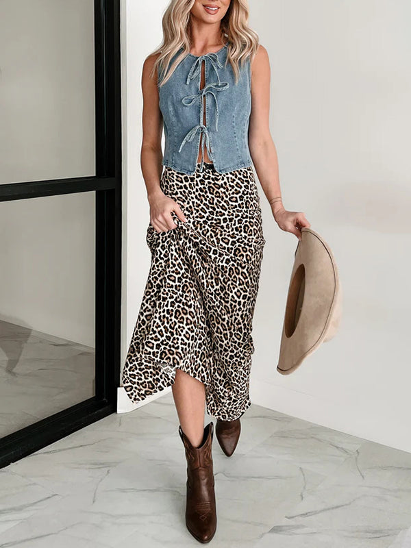 Loose Sleeveless Lace-Up Split-Joint Round-Neck Vest Top