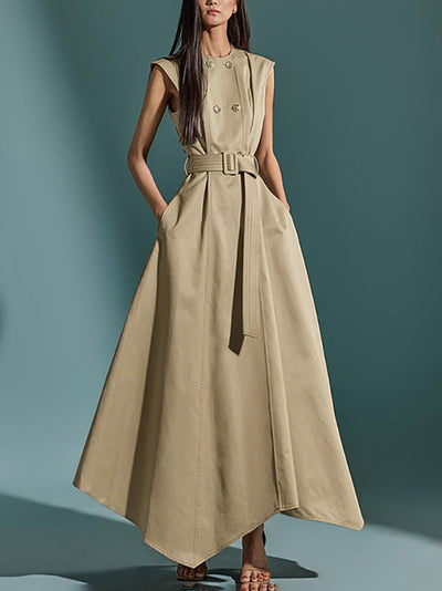A-Line High Waisted Belted Buttoned Pockets Solid Color Round-Neck Maxi Dresses