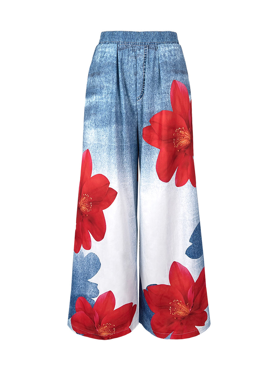 Loose Wide Leg Flower Print Jean Pants Bottoms Trousers