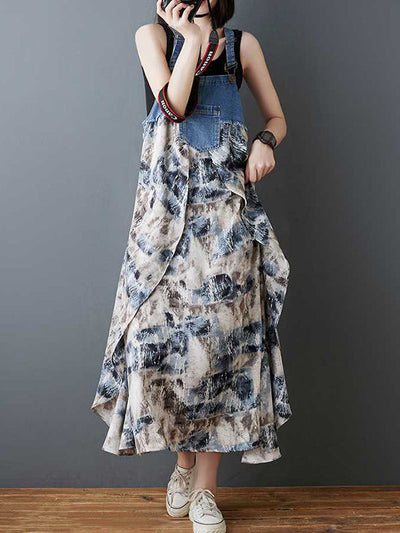 Loose Plus Size Flower Print Pockets Split-Joint Spaghetti-Neck Maxi Dresses Suspender Dress