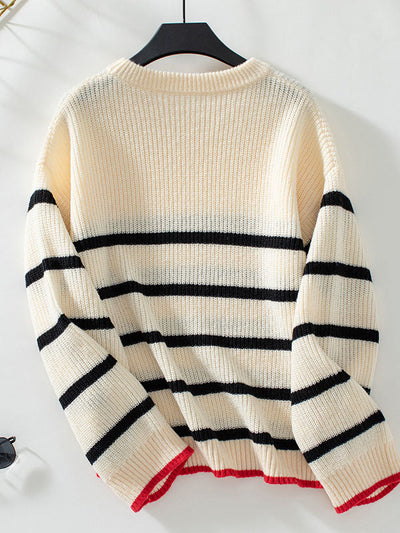 Long Sleeves Loose Contrast Color Split-Joint Striped Round-Neck Pullovers Sweater Tops