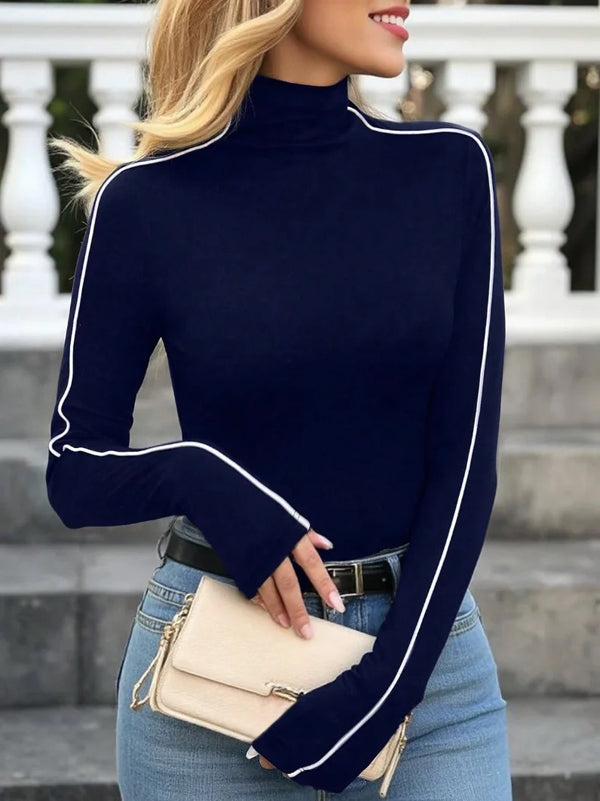 Long Sleeves Skinny Solid Color High Neck T-Shirts Tops