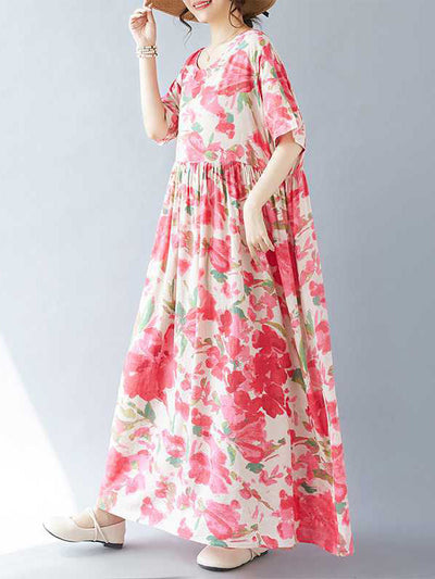 A-line Batwing Sleeves Flower Print Pleated Split-Joint Round-neck Midi Dresses