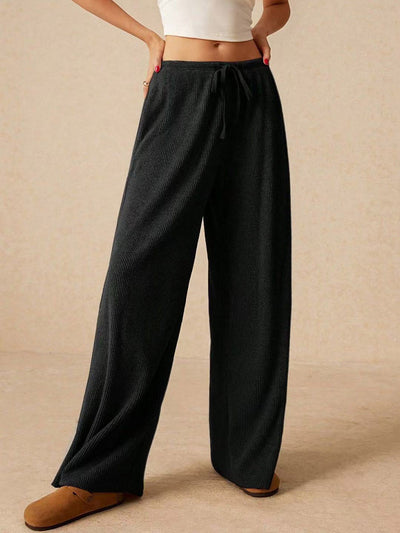 Elasticated Waist High Waisted Drawstring Solid Color Split-Joint Pants Trousers