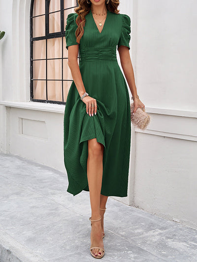 A-Line High Waisted Pleated Solid Color Zipper V-Neck Maxi Dresses