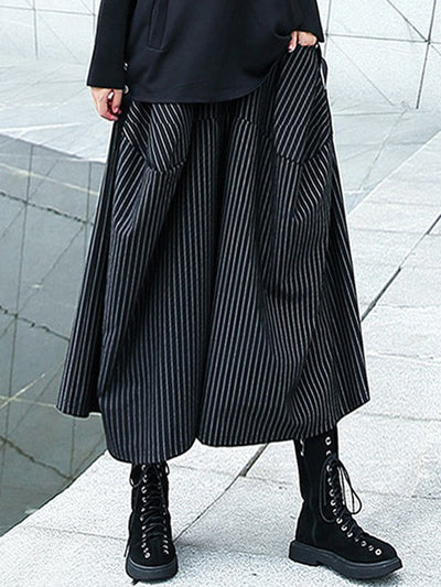 High Waisted Loose Elasticity Pockets Striped Culotte Pants