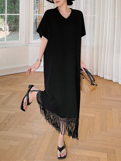 Loose Short Sleeves Solid Color Split-Joint Tasseled V-Neck Midi Dresses