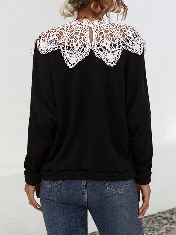 Long Sleeves Loose Hollow Split-Joint Round-Neck Blouses&Shirts Tops