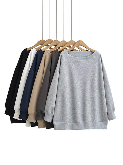 Long Sleeves Loose Solid Color Split-Joint Round-Neck Sweatshirt Tops