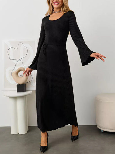Long Sleeves Pleated Ruffled Solid Color Split-Joint Round-Neck Maxi Dresses