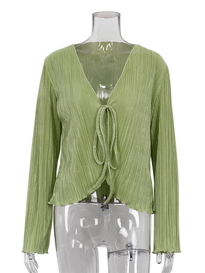 Long Sleeves Loose Lace-Up Pleated Solid Color Split-Joint Deep V-Neck Blouses&Shirts Tops