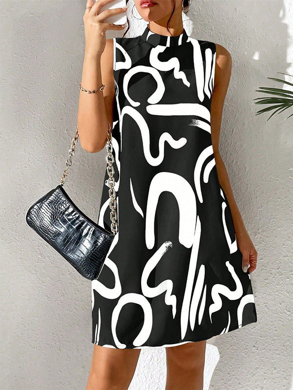 A-line Sleeveless Contrast Color Printed Mini Dresses