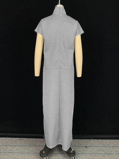Loose Short Sleeves Solid Color Split-Joint High Neck Maxi Dresses