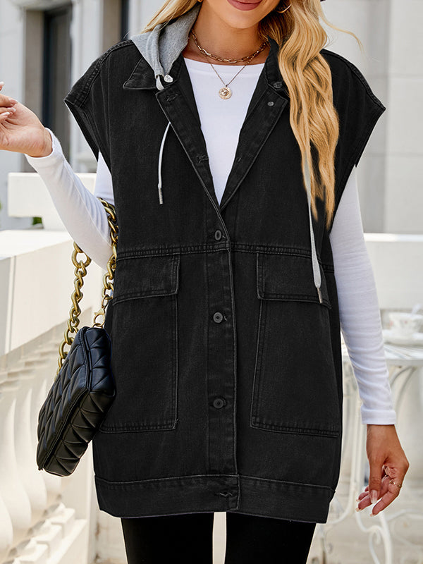 Loose Sleeveless Buttoned Detachable Hooded Pockets Split-Joint Lapel Collar Vest Outerwear
