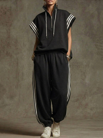 Loose Sleeveless Contrast Color Drawstring Split-Joint Striped Zipper Mock Neck Blouses&Shirts Tops