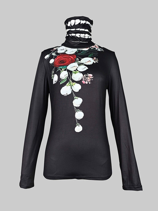 Long Sleeves Skinny Flower Print Split-Joint High Neck T-Shirts Tops