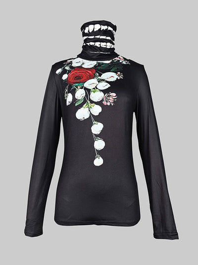 Long Sleeves Skinny Flower Print Split-Joint High Neck T-Shirts Tops