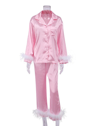 Long Sleeves Buttoned Feathers Split-Joint Notched Collar Shirts Top + Pants Bottom Pajama Sets